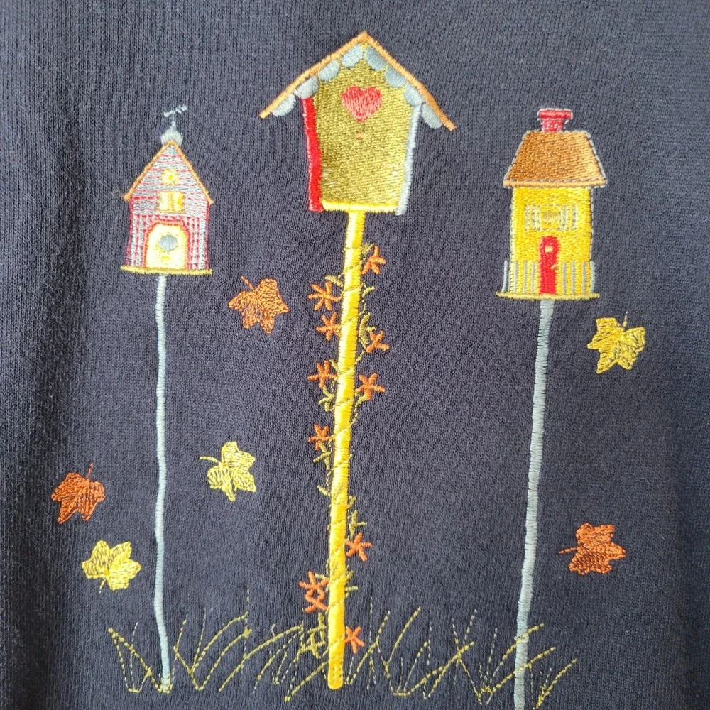 Vintage Jerzees Navy Blue Embroidered Birdhouse Sweatshirt Womens XL Made in USA